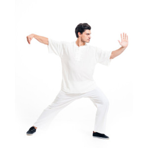 Men's Tai Chi Uniform Half Sleeve Cotton Linen White
