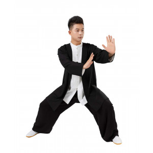 Autumn/Winter Thick Cotton and Linen Tai Chi Uniform for Men and Women, Casual Practice Three-Piece Set, Black