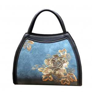 Chinese Ethnic Style Embroidered Handbag, Women's Leather Shoulder Bag Crossbody Bag Satchel Vintage Embossing Shoulder Bag Blue