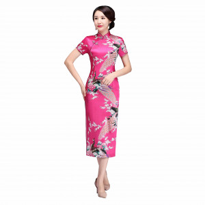 Peacock Print Cheongsam Chinese Long Dress Cheongsam