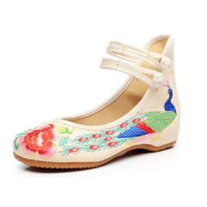 Women's Chinese Traditional Peacock Embroidered Oxfords Sole Cheongsam Walking Mary Janes Flats