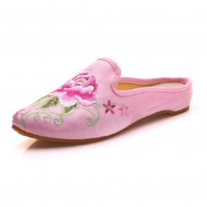 Women's Chinese Floral Peony Embroidery Pointed-Toe Comfortable Satin Casual Mules House Pumps Slippers Shoes