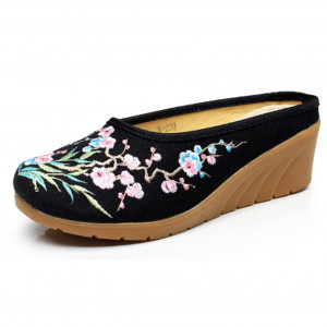 Women's Chinese Plum Flower Bamboo Embroidery Linen Comfortable Casual Mules House Wedge Slippers Shoes