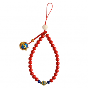 Chinese-style wrist strap with a string of cinnabar beads and cloisonne sachet ball chain phone pendant (red)
