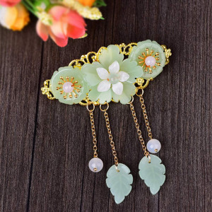 Chinese Style Hair Clips Ponytail Holder Long Tassel Hair Barrettes Jade Hair Clips Glaze Flower Pearl for Women Hanfu Cosplay Hair Accessories (Light Green)