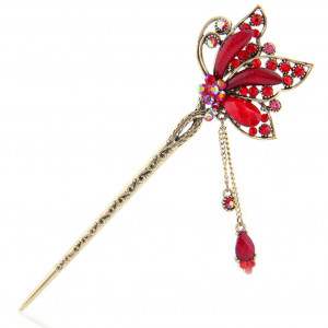 Fashion Long Hair Decor Chinese Traditional Style Women Girls Hair Stick Hairpin Hair Making Accessory with Butterfly,Red