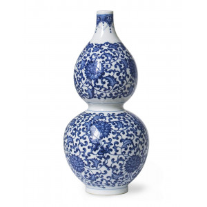 Antique auspicious lotus pattern blue and white porcelain vase, 12 inches, gourd-shaped vase