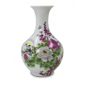 Birds in Peony Bush Oriental Famille Rose Porcelain Flower Vase, 9 Inch Chinese Bottle Shaped