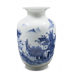 Ancient Waterside Village Blue and White Porcelain Flower Vase, 9 Inch Melon Shaped