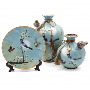 Ceramic Vase Set of 3 for Living Room Decoration, Chinese Classical Vases Set, Blue