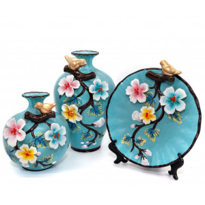 Classical Ceramic Flower Vases - Set of 3 Carved Blue Chinese Vases for Home Decoration