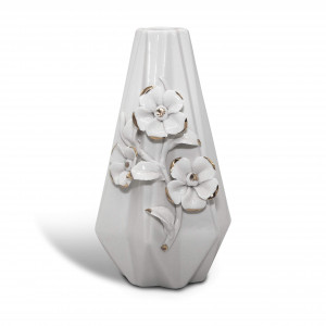 Modern Geometric Pattern Ceramic Vase with 3D Sculpted Flowers, White, Ideal for Table Decoration (5.9 inches high)