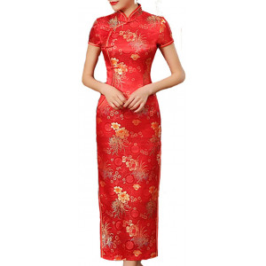 Women Red Chinese Traditional Chrysanthemum Long Cheongsam Qipao Dress