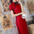 Cheongsam Floral Embroidered Short Sleeve Side Slit Slim Fit Qipao Costume Chinese Mandarin Collar Long Bodycon Dress