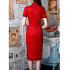 Cheongsam Floral Embroidered Short Sleeve Side Slit Slim Fit Qipao Costume Chinese Mandarin Collar Long Bodycon Dress