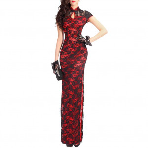 Elegant Women's Short-Sleeved Lace Cheongsam Dress with Floral Pattern and Slit on the Side