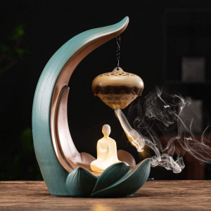Ceramic Buddha Backflow Incense Burner with LED Waterfall, Home Décor for Buddhist Altar, 11.4 Inches