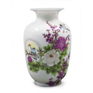 "Peony and Bird" oriental rose porcelain vase, 9-inch gourd shape