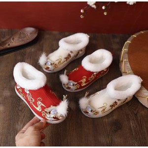 Winter Fleece-Lined Hanfu Shoes for Girls - Chinese Style Snow Boots