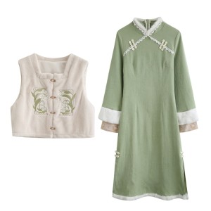 Chinese style thickened embroidered vest qipao dress set