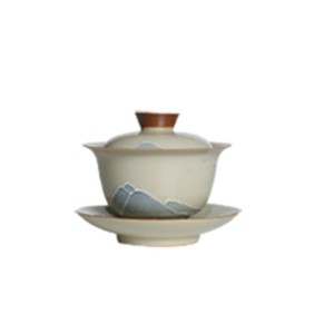 Hand-painted Relief Mountain Three Talent Lid Bowl Tea Set