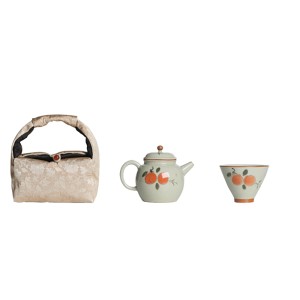 Hand-painted Persimmon Tea Set with One Pot, Two Cups, and Storage Bag