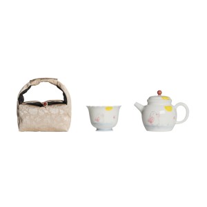 Hand-painted Rabbit Tea Set with One Pot, Two Cups, and Fabric Storage Bag