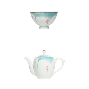 Hand-painted Lotus Teapot and Tea Cup Set