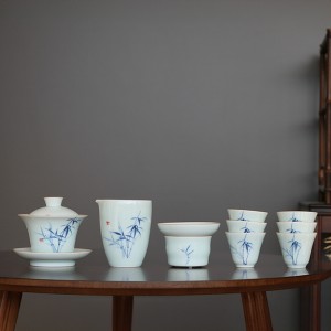 Hand-painted Bamboo Three Talent Lid Bowl Gongfu Tea Set