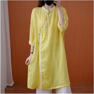 Retro Button Loops Slant Collar Mid-Length Cotton Linen Shirt for Women