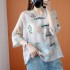 Printed V-Neck Three-Quarter Sleeve Linen Shirt