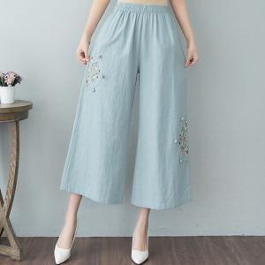 Embroidered Cotton Linen Retro Button Loops Linen Wide-Leg Pants