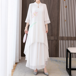 Zen-inspired Tea Ceremony Dress Set with Ethnic Style Chiffon Two-piece