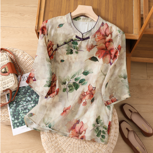 Chinese-style Cotton Linen Blouse with Cheongsam Collar