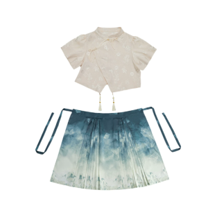 Improved Hanfu Mamian Skirt Set for Girls, Chinese-Style Short Sleeve Asymmetrical Frog Button Top