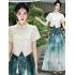 Improved Hanfu Mamian Skirt Set for Girls, Chinese-Style Short Sleeve Asymmetrical Frog Button Top