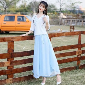 Chinese Hanfu and Tang Suit Set - Low Collar Improved Top with Traditional Chinese Pants