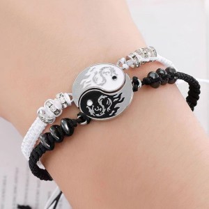 Chinese Tai Chi Bracelet Set for Couples - Black and White Yin Yang Dragon Design
