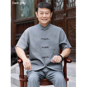 Tang Suit Men's Cotton and Linen Short Sleeve Suit for Middle-aged and Elderly Men in Summer