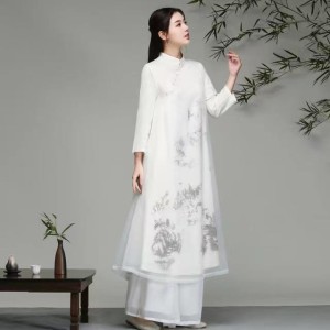 White Zen-inspired Women's Autumn/Winter Ink Painting Cheongsam Dress