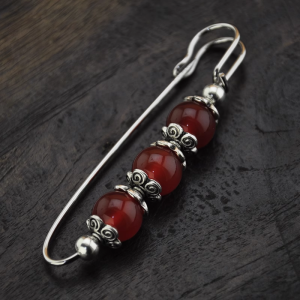 Red Agate Miao Silver Brooch, Vintage Ethnic Style Women's Accessory Gift