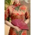 Satin handmade full open-front one-piece flat-cut qipao with single layer