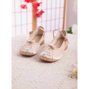 Women’s Spring-Summer Embroidered Flats, Round Toe, Single Strap, Block Heel, Non-Slip Soft Sole