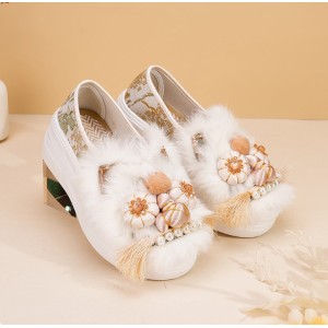 Platform Real Fur Tiger-Head Embroidered Shoes  Handmade Hanfu Ethnic Flats for Women