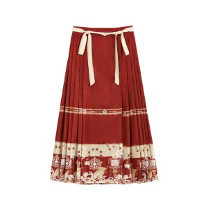 Red New-Chinese-Style Ma Mian Skirt with Sash (Half-Length)
